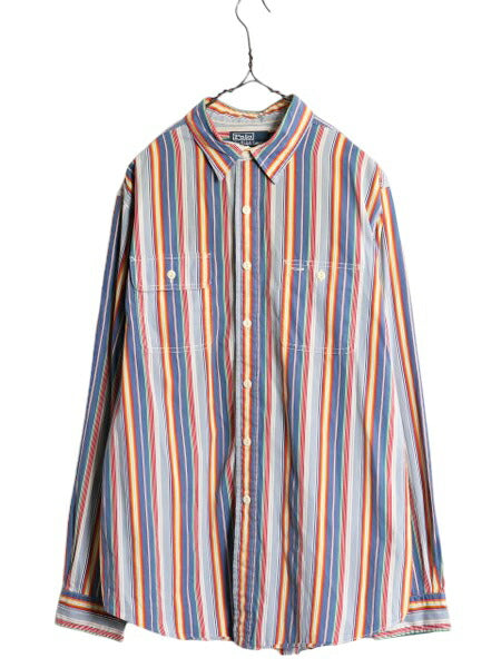 90s ポロ ラルフローレン ストライプ 長袖 シャツ メンズ XL 古着 オールド 大きいサイズ カバーオール タイプ ガチャポケ ワーク チンスト