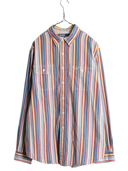 90s ポロ ラルフローレン ストライプ 長袖 シャツ メンズ XL 古着 オールド 大きいサイズ カバーオール タイプ ガチャポケ ワーク チンスト