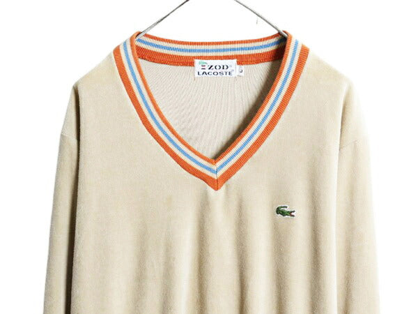 70s ラコステ Vネック ベロア トップ L 小さめ メンズ S レディース M 程 古着 ヴィンテージ IZOD LACOSTE 糸巻タグ ワンポイント チルデン