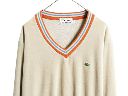 70s ラコステ Vネック ベロア トップ L 小さめ メンズ S レディース M 程 古着 ヴィンテージ IZOD LACOSTE 糸巻タグ ワンポイント チルデン