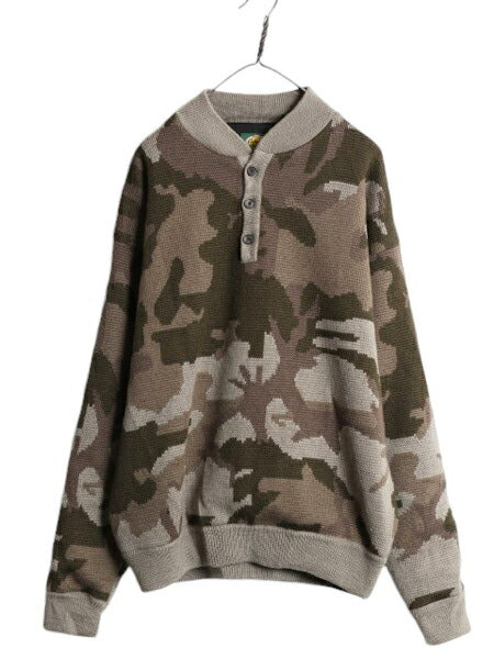 90s カベラス ヘンリーネック 迷彩 ウール ニット セーター メンズ XL 古着 オールド Cabelas アウトドア ライナー付き 大きいサイズ カモ
