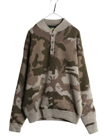 90s カベラス ヘンリーネック 迷彩 ウール ニット セーター メンズ XL 古着 オールド Cabelas アウトドア ライナー付き 大きいサイズ カモ