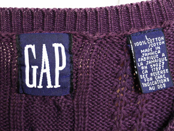 90s OLD GAP コットン ケーブル ニット セーター メンズ レディース L 古着 90年代 オールド ギャップ 無地 クルーネック 旧タグ パープル