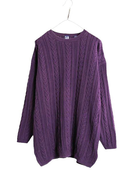 90s OLD GAP コットン ケーブル ニット セーター メンズ レディース L 古着 90年代 オールド ギャップ 無地 クルーネック 旧タグ パープル