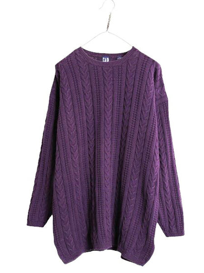 90s OLD GAP コットン ケーブル ニット セーター メンズ レディース L 古着 90年代 オールド ギャップ 無地 クルーネック 旧タグ パープル