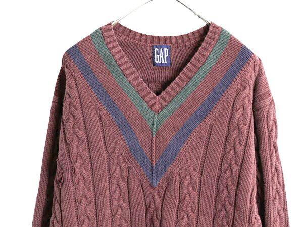 90s OLD GAP チルデン ケーブル ニット セーター メンズ M 程 90年代 オールド ギャップ 紺タグ Vネック ヘビーウェイト コットン ブラウン