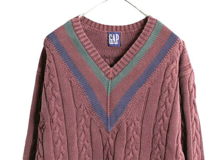 90s OLD GAP チルデン ケーブル ニット セーター メンズ M 程 90年代 オールド ギャップ 紺タグ Vネック ヘビーウェイト コットン ブラウン