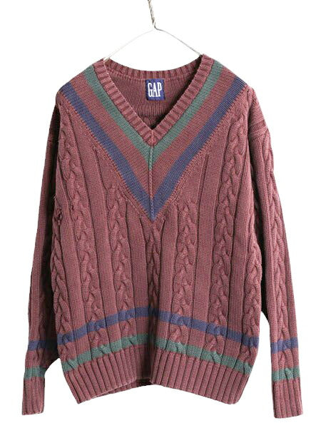 90s OLD GAP チルデン ケーブル ニット セーター メンズ M 程 90年代 オールド ギャップ 紺タグ Vネック ヘビーウェイト コットン ブラウン