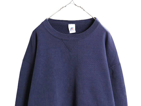 00s ラッセル 無地 スウェット メンズ レディース L 古着 00年代 オールド RUSSELL トレーナー 前V 裏起毛 スエット クルーネック ネイビー