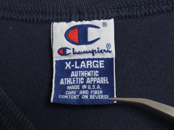 90s USA製 チャンピオン ポケット付き 半袖 Tシャツ メンズ XL オールド 100% コットン スクリプト ロゴ プリント 目付き 大きいサイズ 紺
