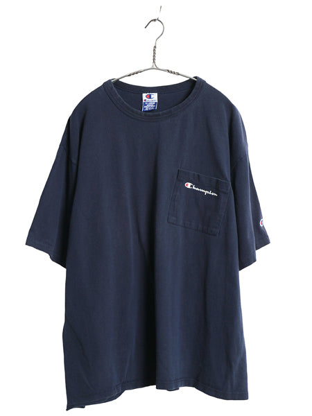 90s USA製 チャンピオン ポケット付き 半袖 Tシャツ メンズ XL オールド 100% コットン スクリプト ロゴ プリント 目付き 大きいサイズ 紺