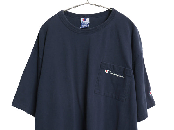 90s USA製 チャンピオン ポケット付き 半袖 Tシャツ メンズ XL オールド 100% コットン スクリプト ロゴ プリント 目付き 大きいサイズ 紺