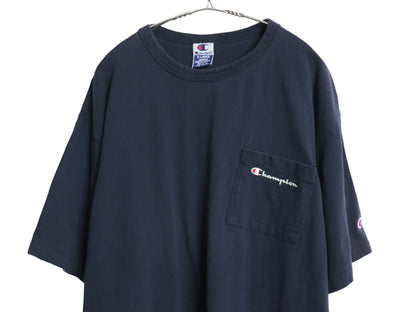 90s USA製 チャンピオン ポケット付き 半袖 Tシャツ メンズ XL オールド 100% コットン スクリプト ロゴ プリント 目付き 大きいサイズ 紺
