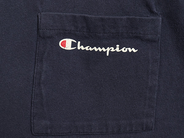 90s USA製 チャンピオン ポケット付き 半袖 Tシャツ メンズ XL オールド 100% コットン スクリプト ロゴ プリント 目付き 大きいサイズ 紺