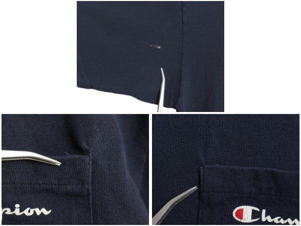 90s USA製 チャンピオン ポケット付き 半袖 Tシャツ メンズ XL オールド 100% コットン スクリプト ロゴ プリント 目付き 大きいサイズ 紺