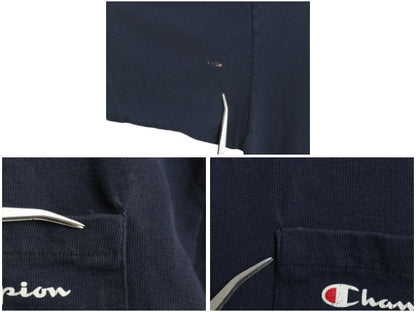 90s USA製 チャンピオン ポケット付き 半袖 Tシャツ メンズ XL オールド 100% コットン スクリプト ロゴ プリント 目付き 大きいサイズ 紺