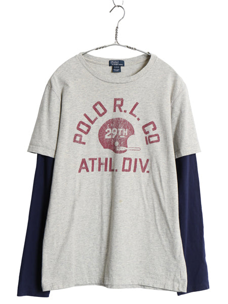 ポロ ラルフローレン 3段 プリント 長袖 Tシャツ ボーイズ XL メンズ M 程 レイヤード ヘビーウェイト コットン ロンT カットソー ツートン
