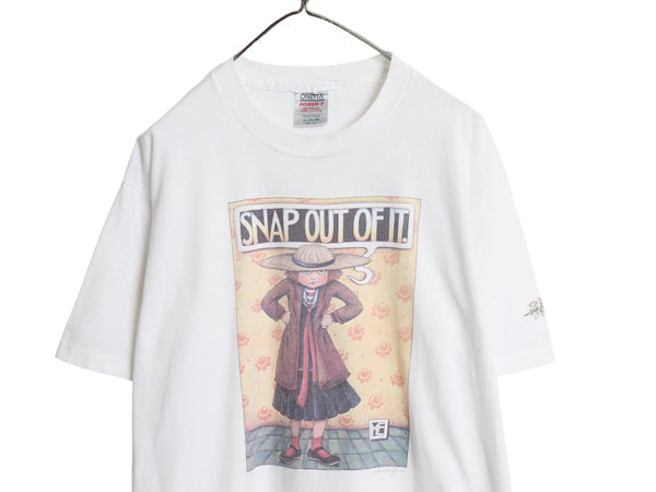 90s アート イラスト プリント Tシャツ メンズ XL / オールド キャラクター グラフィック オフィシャル シングルステッチ 大きいサイズ 白