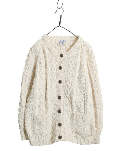 アイランド製 フィッシャーマン ウール ニット カーディガン レディース M ハンドメイド アラン ケーブル セーター 前開き 丸首 ナチュラル