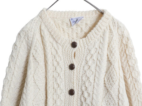 アイランド製 フィッシャーマン ウール ニット カーディガン レディース M ハンドメイド アラン ケーブル セーター 前開き 丸首 ナチュラル