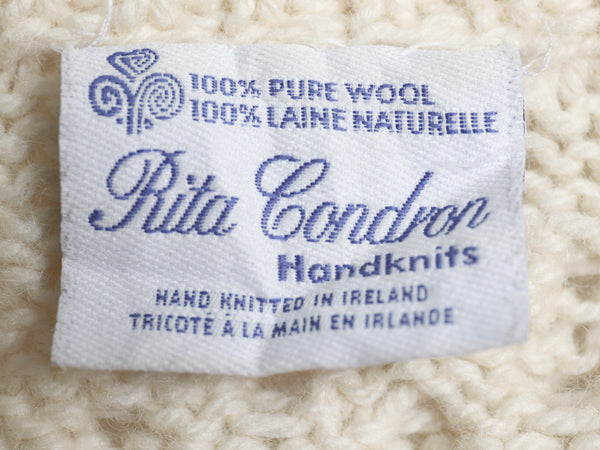 アイランド製 フィッシャーマン ウール ニット カーディガン レディース M ハンドメイド アラン ケーブル セーター 前開き 丸首 ナチュラル