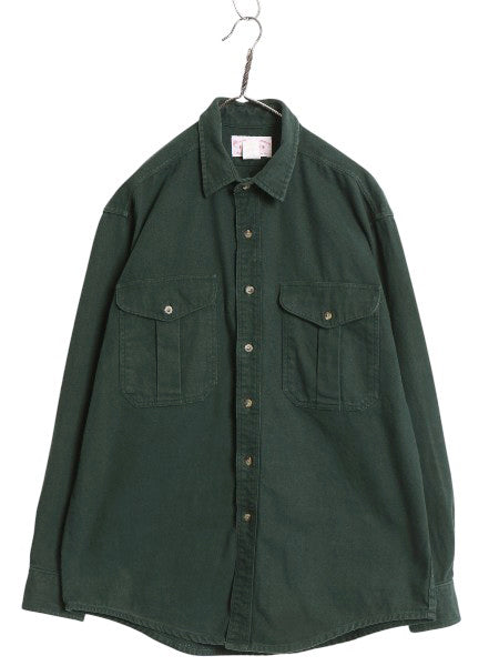 00s USA製 フィルソン コットン ツイル 長袖 シャツ メンズ L 古着 オールド ワーク アウトドア ヘビーウェイト コットン グリーン 無地 