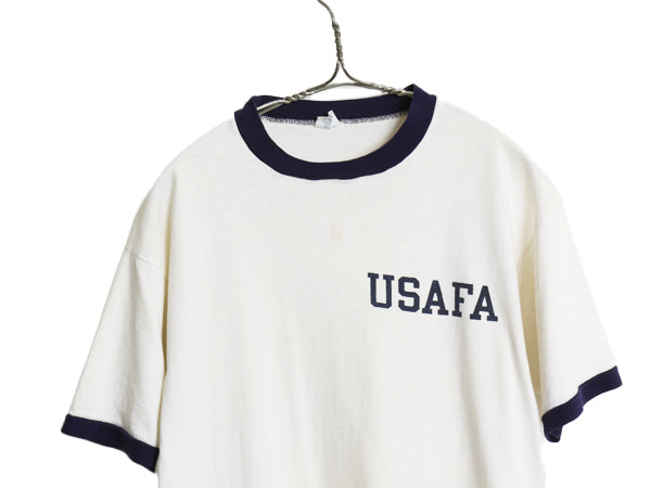 70s USA製 ★ チャンピオン USAFA  染込み プリント リンガー Tシャツ メンズ L ヴィンテージ バータグ ミリタリー 軍物 AIR FORCE 白