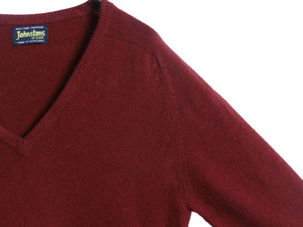80s スコットランド製 ジョンストンズ Vネック ニット セーター メンズ M 程 ヴィンテージ 100% カシミヤ シンプル 無地 薄手 バーガンディ