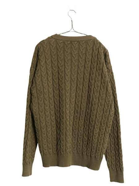 80's バナナリパブリック コットン ケーブル ニット セーター メンズ XL 小さめ L ヴィンテージ 無地 クルーネック ヘビーウェイト カーキ