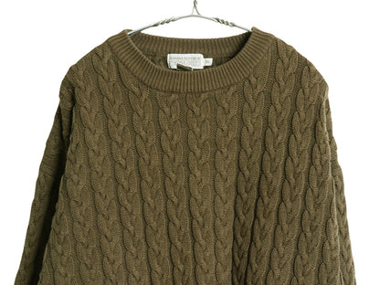 80's バナナリパブリック コットン ケーブル ニット セーター メンズ XL 小さめ L ヴィンテージ 無地 クルーネック ヘビーウェイト カーキ