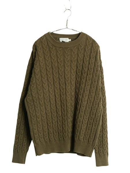 80's バナナリパブリック コットン ケーブル ニット セーター メンズ XL 小さめ L ヴィンテージ 無地 クルーネック ヘビーウェイト カーキ