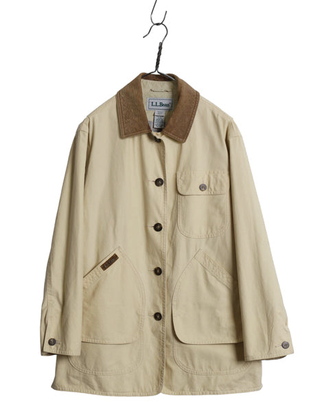 90s エルエルビーン ハンティング ジャケット レディース S / オールド コットン カバーオール ハーフ コート 襟 本革 レザー ワンポイント