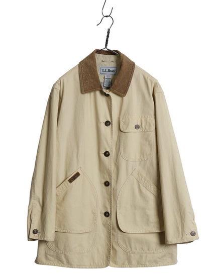 90s エルエルビーン ハンティング ジャケット レディース S / オールド コットン カバーオール ハーフ コート 襟 本革 レザー ワンポイント