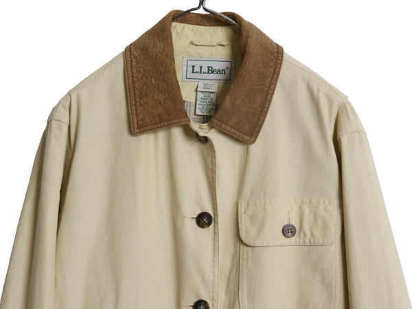 90s エルエルビーン ハンティング ジャケット レディース S / オールド コットン カバーオール ハーフ コート 襟 本革 レザー ワンポイント