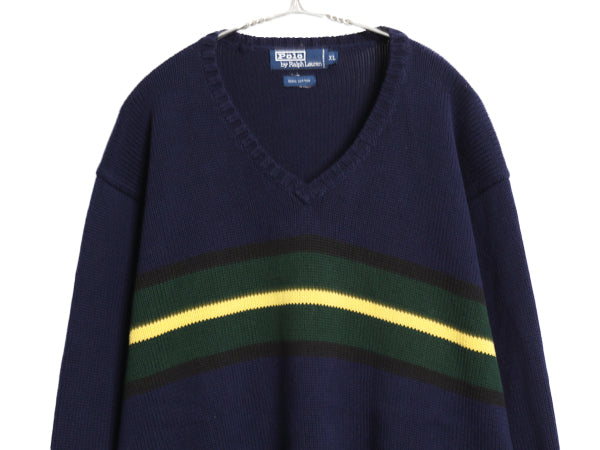 90s ポロ ラルフローレン Vネック ボーダー コットン ニット セーター メンズ XL / オールド 長袖ニット ポニー無し 大きいサイズ ネイビー