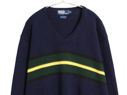 90s ポロ ラルフローレン Vネック ボーダー コットン ニット セーター メンズ XL / オールド 長袖ニット ポニー無し 大きいサイズ ネイビー