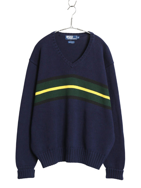 90s ポロ ラルフローレン Vネック ボーダー コットン ニット セーター メンズ XL / オールド 長袖ニット ポニー無し 大きいサイズ ネイビー