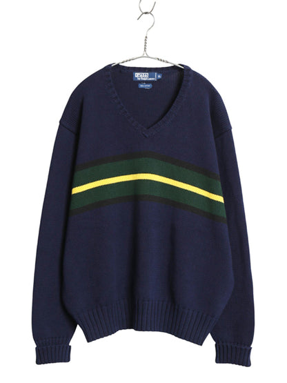 90s ポロ ラルフローレン Vネック ボーダー コットン ニット セーター メンズ XL / オールド 長袖ニット ポニー無し 大きいサイズ ネイビー