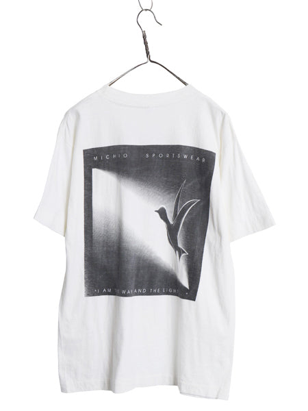90s アート イラスト プリント Tシャツ メンズ L 古着 オールド 半袖Tシャツ グラフィック シングルステッチ ヘビーウェイト モノトーン 白