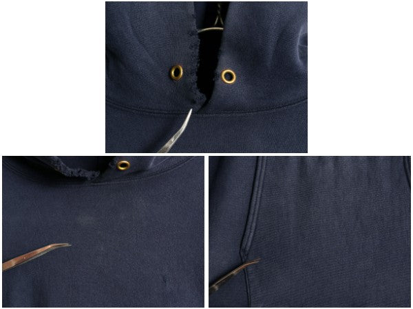 90s USA製 ★ チャンピオン リバースウィーブ スウェット フード パーカー メンズ XL オールド トレーナー 裏起毛 ワンポイント 目付き 紺