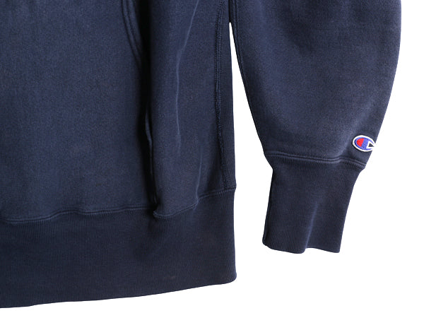 90s USA製 ★ チャンピオン リバースウィーブ スウェット フード パーカー メンズ XL オールド トレーナー 裏起毛 ワンポイント 目付き 紺