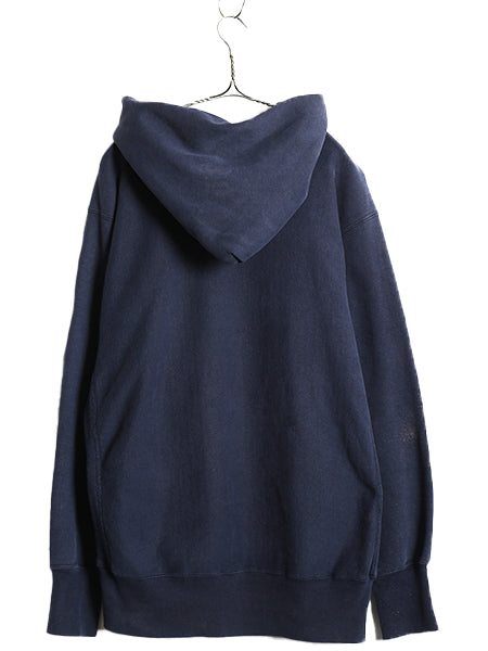 90s USA製 ★ チャンピオン リバースウィーブ スウェット フード パーカー メンズ XL オールド トレーナー 裏起毛 ワンポイント 目付き 紺