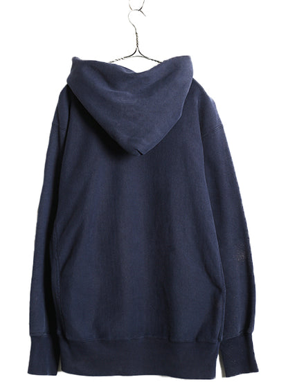 90s USA製 ★ チャンピオン リバースウィーブ スウェット フード パーカー メンズ XL オールド トレーナー 裏起毛 ワンポイント 目付き 紺