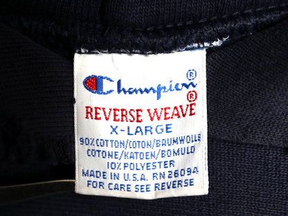 90s USA製 ★ チャンピオン リバースウィーブ スウェット フード パーカー メンズ XL オールド トレーナー 裏起毛 ワンポイント 目付き 紺