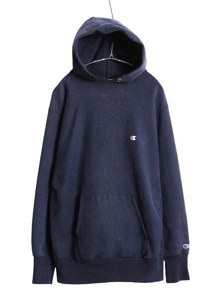 90s USA製 ★ チャンピオン リバースウィーブ スウェット フード パーカー メンズ XL オールド トレーナー 裏起毛 ワンポイント 目付き 紺