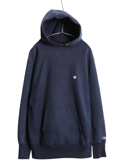 90s USA製 ★ チャンピオン リバースウィーブ スウェット フード パーカー メンズ XL オールド トレーナー 裏起毛 ワンポイント 目付き 紺