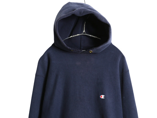 90s USA製 ★ チャンピオン リバースウィーブ スウェット フード パーカー メンズ XL オールド トレーナー 裏起毛 ワンポイント 目付き 紺