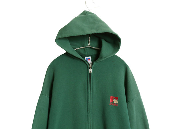 90s ラッセル フルジップ スウェット フード パーカー メンズ レディース L 古着 オールド トレーナー 裏起毛 ワンポイント ロゴ 刺繍 緑