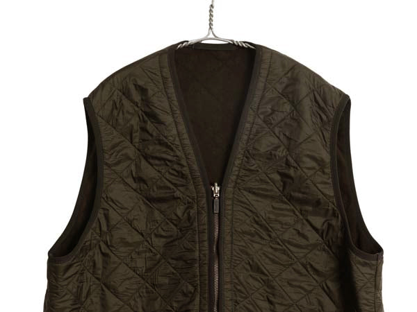 バブアー 中綿 ナイロン キルティング ベスト メンズ L / 古着 3ワラント フルジップ 裏 フリース ライナー 重ね着 前開き 無地 オリーブ
