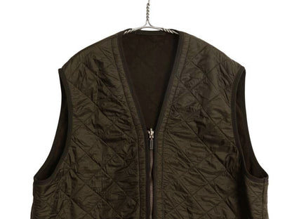 バブアー 中綿 ナイロン キルティング ベスト メンズ L / 古着 3ワラント フルジップ 裏 フリース ライナー 重ね着 前開き 無地 オリーブ